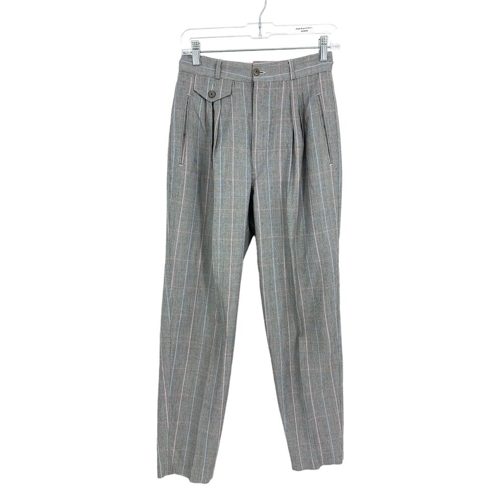 Vintage 90s Pants Womens 26" Tapered Leg Pinstripe Gray Pink Blue Pleated Front